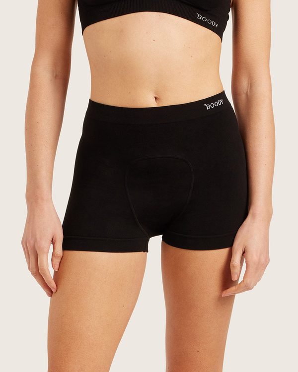 Boody Period and Leak Proof Undershorts 3 inch Moderate in black, front view